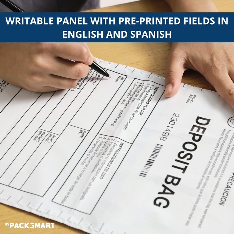 US PACK SMART Opaque Plastic Deposit Bags 9"x12" | Secure Bank Deposits, Cash Handling or Safe Currency Transportation | Sequential Barcodes | Tamper-Evident | Tear-Off Receipt for Security | 100-Pack - Image 2